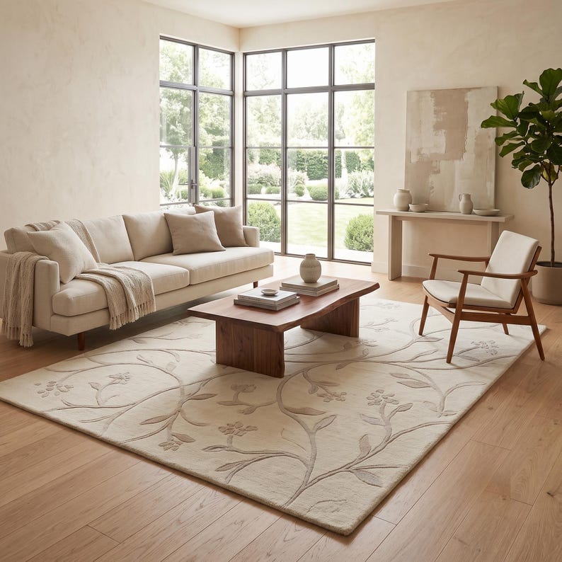 May include: A large rectangular area rug in a light cream color featuring a raised, tone-on-tone floral vine pattern. The rug is positioned on a light wood floor beneath a wooden coffee table, a cream-colored sofa, and a wooden armchair.
