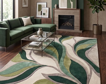 Modern Abstract Leaf Wool Rug in Green and Beige for a Contemporary Living Room
