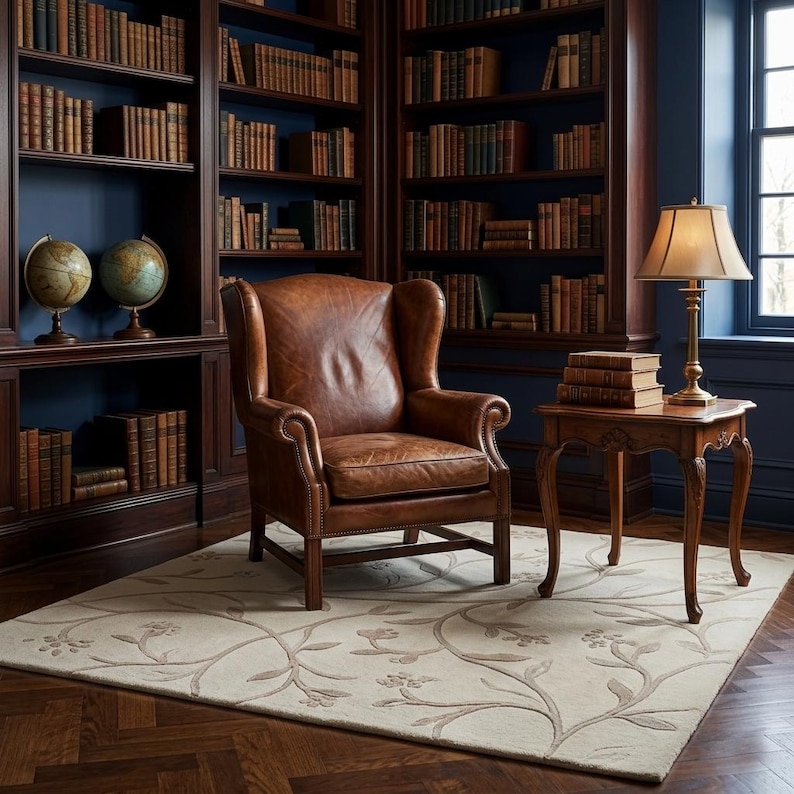 May include: A brown leather wingback chair with nailhead trim sits on a cream-colored area rug with a subtle floral vine pattern. Beside the chair is a wooden side table holding a stack of books and a brass lamp with a beige fabric shade.