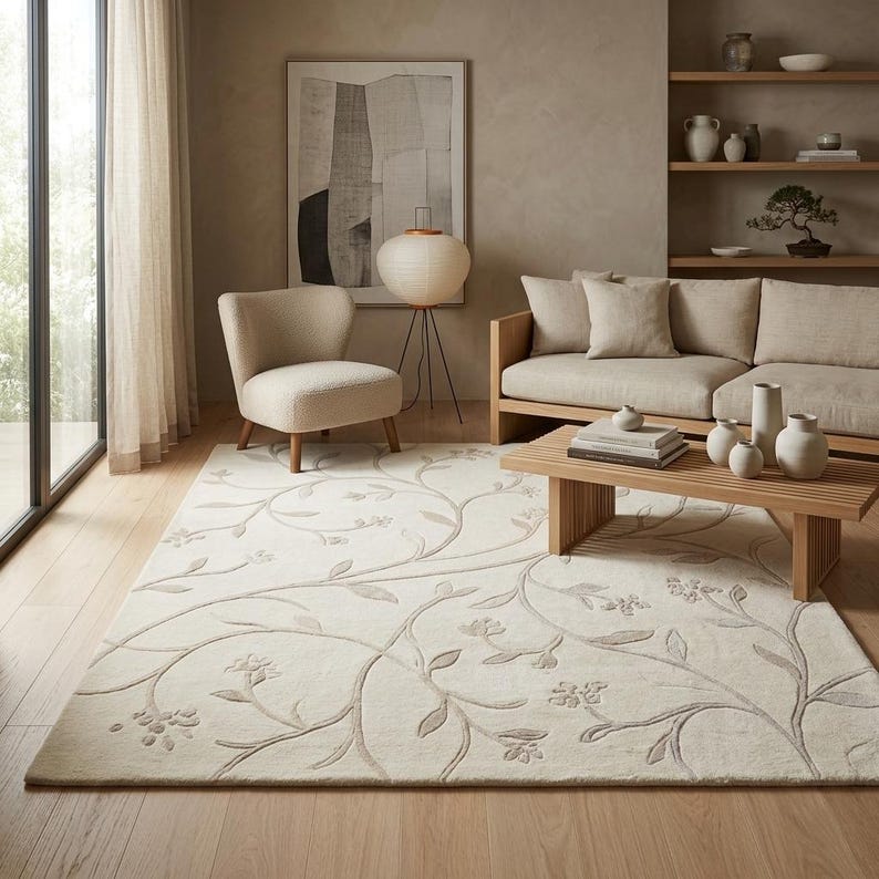 May include: A rectangular area rug featuring a cream-colored base with a raised, tone-on-tone botanical pattern of winding vines, leaves, and small flowers. The rug has a soft, textured surface and covers a portion of the light-colored wooden floor.