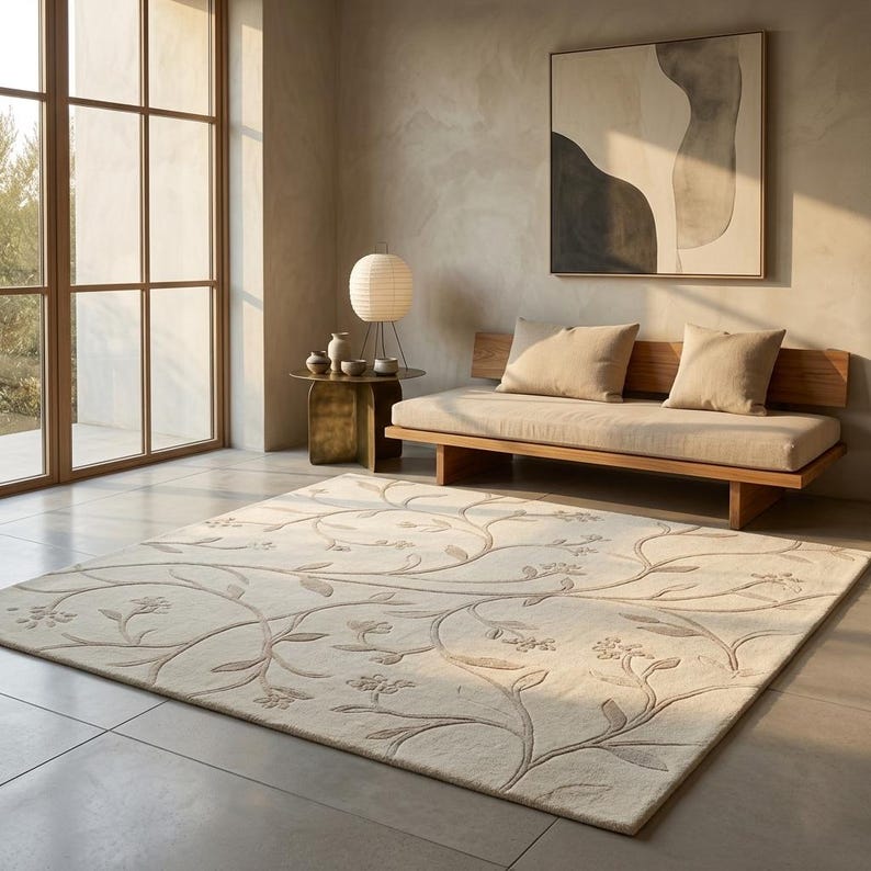 May include: A rectangular area rug in a light cream color featuring a raised, textured floral vine pattern in a soft beige tone. The design consists of winding stems, leaves, and small flower clusters that span across the entire surface area.