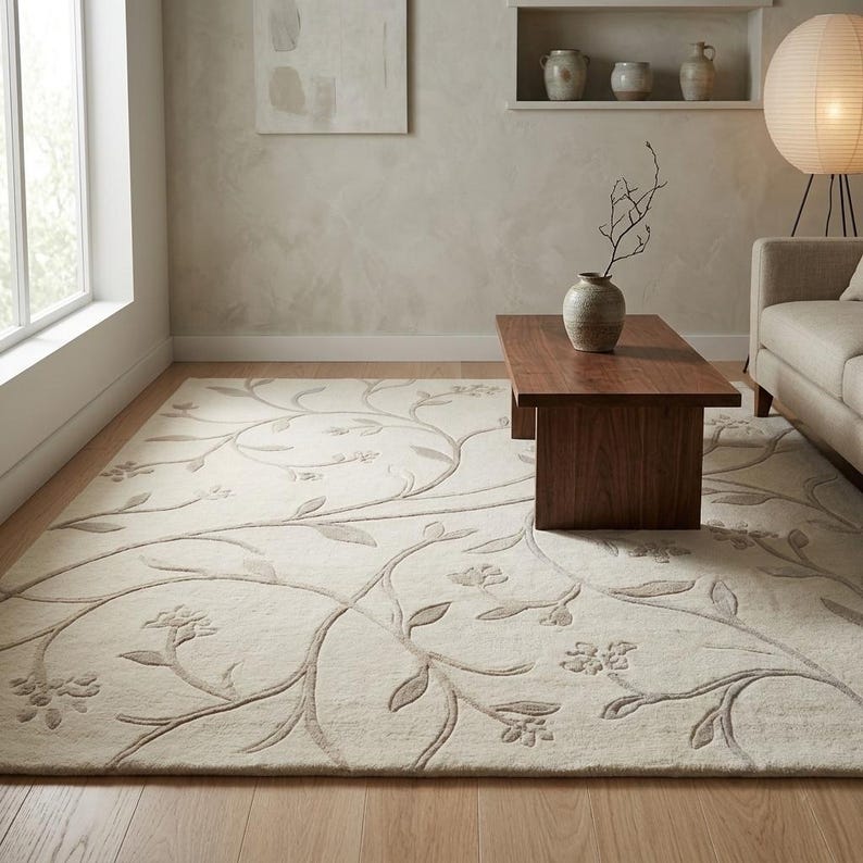 May include: A rectangular area rug featuring a cream-colored base with a raised, tonal vine and floral pattern in a soft beige hue. The design consists of flowing, curved stems and delicate blossoms that extend across the entire surface area.