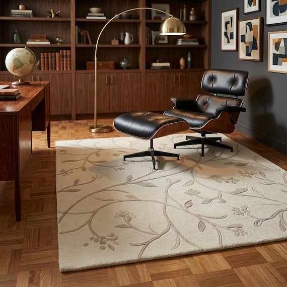 Cream Floral Area Rug | Vintage Botanical Living Room Carpet