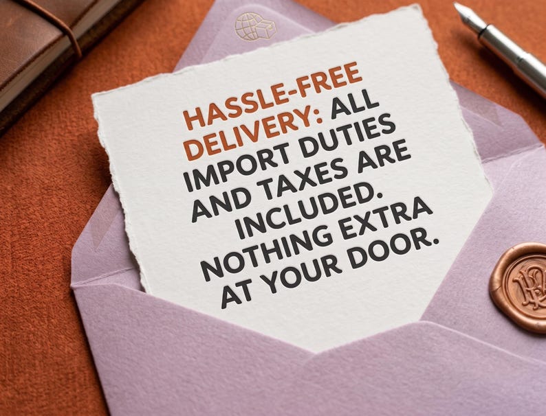 May include: A square piece of white paper with deckled edges featuring the text: HASSLE-FREE DELIVERY: ALL IMPORT DUTIES AND TAXES ARE INCLUDED. NOTHING EXTRA AT YOUR DOOR. The paper is placed inside a light purple envelope with a wax seal.