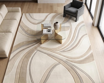 Neutral Abstract Area Rug | Cream Beige Contemporary Rug | Modern Living Room Carpet