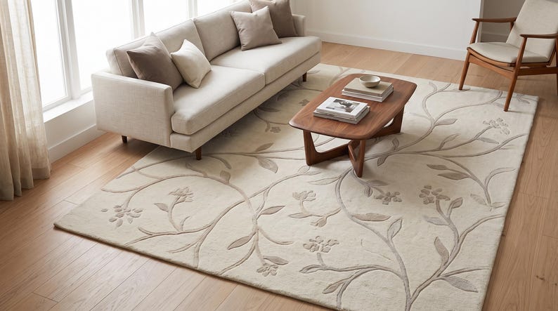 May include: A large rectangular area rug featuring a cream-colored background with a raised, light taupe vine and floral pattern that curves across the surface. The rug has a soft, textured appearance with a consistent botanical design throughout.