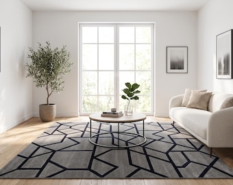 Hand-Tufted Wool Geometric Rug, Gray Black Abstract Area Carpet