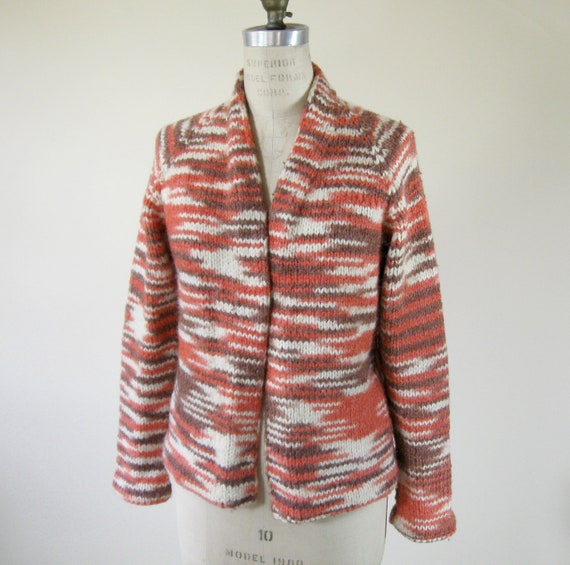 70s Marled Wool Cardigan Orange Brown Womens Medi… - image 2