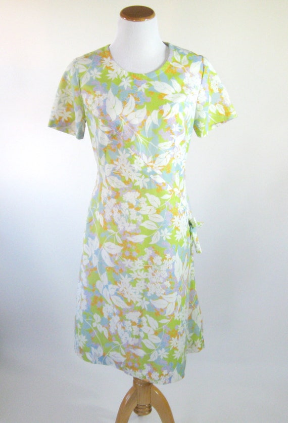 1960s Floral Dress Green Classic Lady Womens Mediu