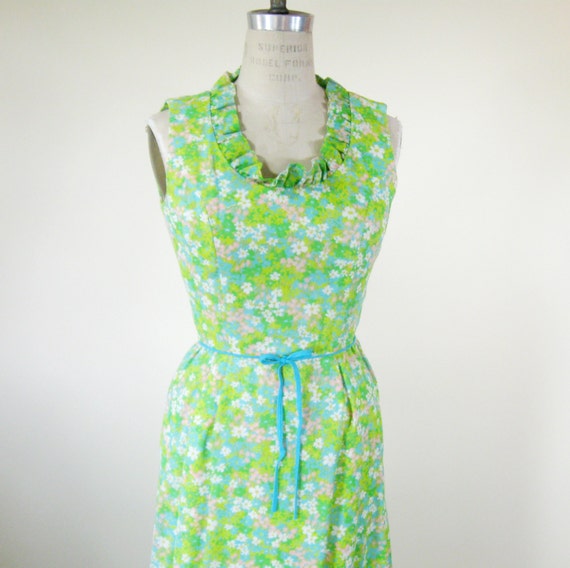 1970s Floral Sleeveless Maxi Dress Green Blue Ruffled Collar | Etsy