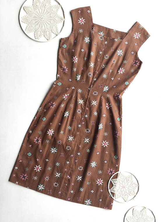 60s Brown Shift Dress Geometric Print Womens Small - image 2