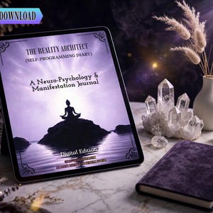 Può includere: Un tablet digitale che mostra una copertina viola intitolata The Reality Architect (Self-Programming Diary) A Neuro-Psychology & Manifestation Journal. Lo schermo mostra la sagoma di una persona che medita su una roccia vicino all'acqua. Un taccuino viola scuro si trova nelle vicinanze.