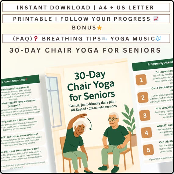 30 Day Chair Yoga for Seniors, Printable Chair Exercise Plan, Gentle Seated Yoga Guide, Senior Home Workout PDF, Easy Yoga Routine.