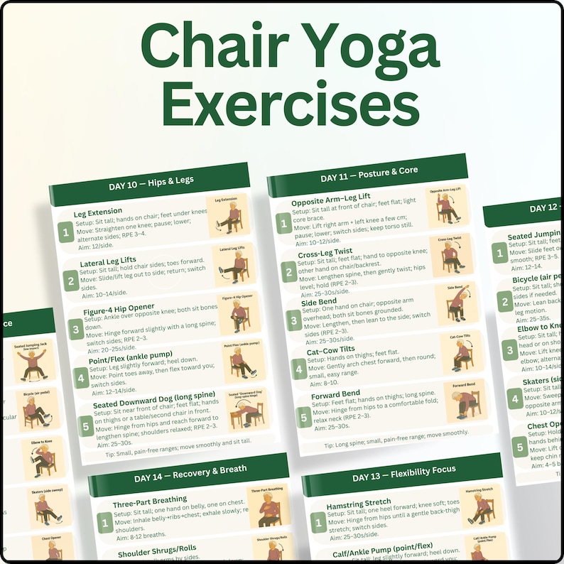 May include: A collection of exercise cards for chair yoga. The cards are green and white, with illustrations of yoga poses. The title "Chair Yoga Exercises" is at the top. The cards are organized by day and focus area.