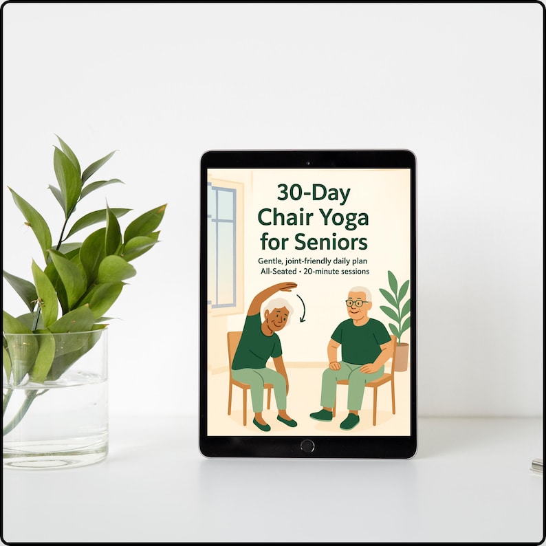 May include: A digital tablet displays a colorful illustration for a 30-Day Chair Yoga program for seniors. The image shows two elderly people demonstrating yoga poses while seated. The text on the screen reads "30-Day Chair Yoga for Seniors."