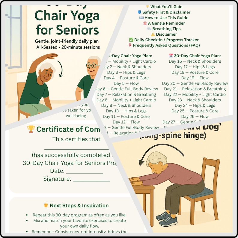 May include: A guide for Chair Yoga for Seniors, featuring illustrations of exercises and a 30-day plan. The image includes text about the program's benefits, a certificate of completion, and a list of next steps. The program is designed for gentle, joint-friendly, all-seated 20-minute sessions.