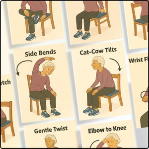 May include: Illustrated cards demonstrating chair exercises for seniors. Each card shows an elderly person performing a different exercise, such as side bends, cat-cow tilts, and gentle twists. The cards have text labels indicating the exercise names.