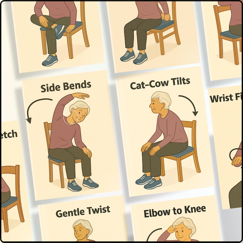 May include: Illustrated cards demonstrating chair exercises for seniors. Each card shows an elderly person performing a different exercise, such as side bends, cat-cow tilts, and gentle twists. The cards have text labels indicating the exercise names.