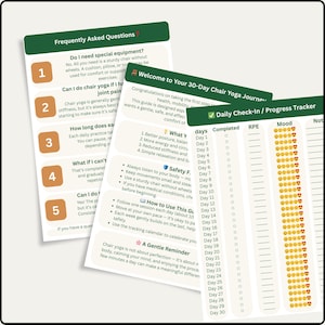 May include: A set of three green and white cards with text about chair yoga. The cards include a FAQ, a welcome message, and a daily check-in progress tracker. The tracker has spaces for days, completion, RPE, and mood.
