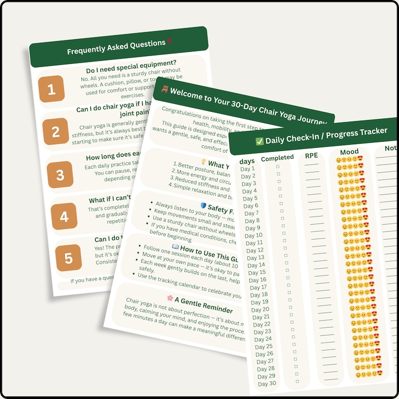 May include: A set of three green and white cards with text about chair yoga. The cards include a FAQ, a welcome message, and a daily check-in progress tracker. The tracker has spaces for days, completion, RPE, and mood.
