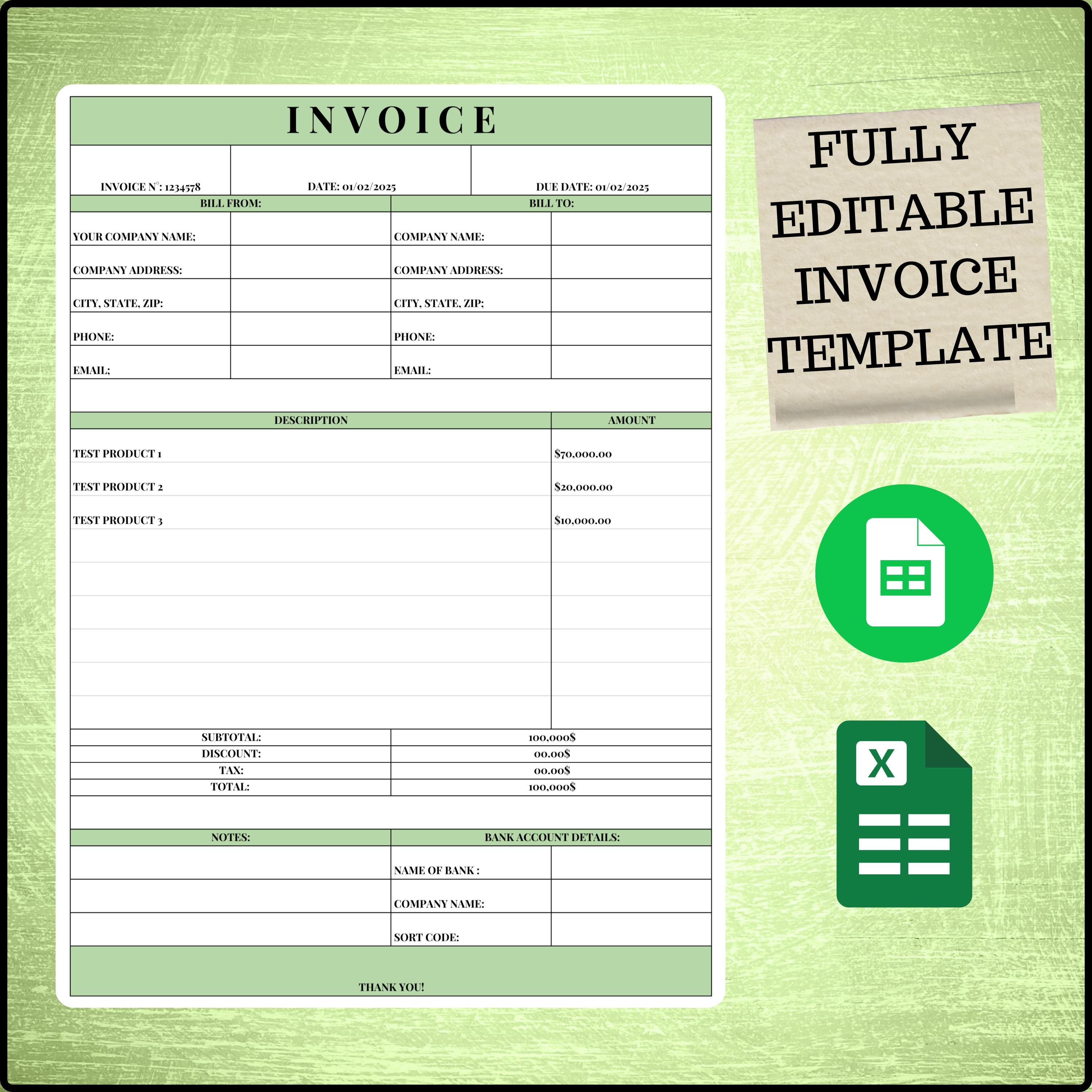 Printable Invoice Template | Excel, Google Sheets | Editable Small ...