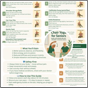 May include: A guide to chair yoga for seniors, featuring illustrations of exercises and instructions. The guide includes sections on posture, breathing, and flexibility, with tips for safety and daily practice. The text includes the phrase "Chair Yoga for Seniors".