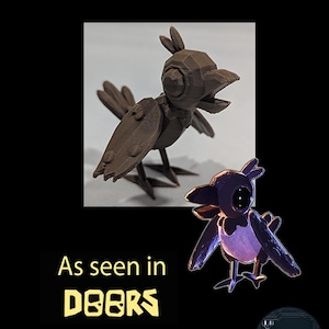 May include: A brown 3D-printed crow figure with an open beak, and a digital rendering of a crow. The text "Caw" is at the top, and "As seen in DOORS" is below the crow figures.