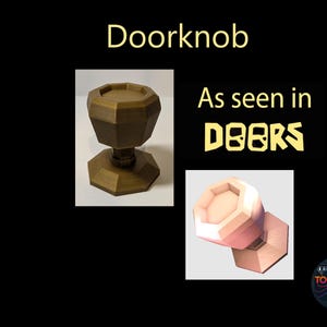 Może przedstawiać: Brązowa klamka do drzwi o geometrycznym kształcie. Obraz zawiera tekst "Doorknob" i "As seen in DOORS". Drugi obraz przedstawia różowo-beżową klamkę do drzwi.