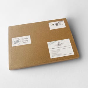 Op de afbeelding: Een bruine rechthoekige kartonnen doos met meerdere witte labels. E&eacute;n label toont een doorgestreepte envelop en de tekst "Vorsicht Bitte nicht knicken!". Andere labels bevatten tekst en een QR-code.