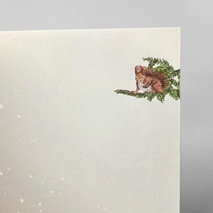 Op de afbeelding: Een wenskaart met een gedetailleerde illustratie van een bruin eekhoorntje op een groene tak. Het eekhoorntje kijkt naar voren, met zijn pluizige staart zichtbaar. De achtergrond is een zachte, gebroken witte kleur met subtiele witte spikkels.