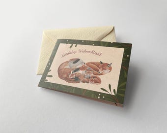 Kuschelige Weihnachtskarte, Fuchs Familie, 400 g/qm Premiumpapier (zugeklappt DIN A6) mit Innengestaltung und creme Büttenstruktur Umschlag