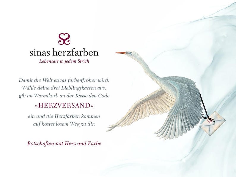 Op de afbeelding: Een illustratie met een witte vogel in vlucht, die een envelop draagt. De afbeelding bevat Duitse tekst, met de merknaam "sinas herzfarben" en de slogan "Lebensart in jedem Strich". De vogel staat tegen een zachte, aquarelachtige achtergrond.