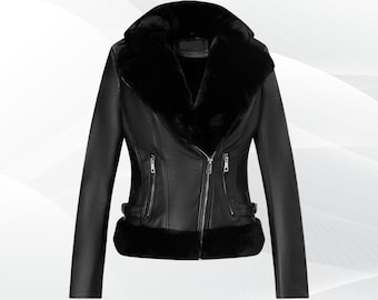 Blouson femme en cuir noir doublé de fourrure, manteau motard élégant, vêtement d'extérieur chaud et chic - Blouson personnalisé, personnalisable