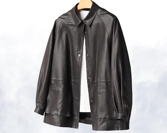 Oversized Genuine Leather Black  Jacket for Women | Soft Vintage Style | Customizable Gift