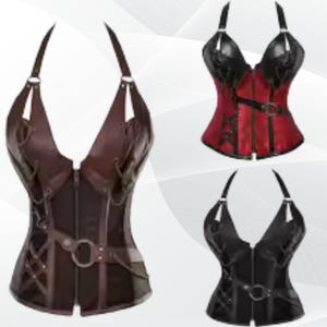 May include: Three leather corsets in different colors: brown, red and black. Each corset features a halter neck, a front zipper, and a belt with a buckle. The brown corset has decorative stitching and metal chain details.