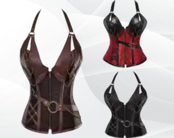 中世バイキング海賊コルセット、女性用レザーホルターベスト、メタルキュイラ付き、ハロウィン＆LARPコスプレ用ゴシック騎士コスチューム、カスタマイズ可能
