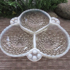 Vintage Fenton Opalescent Moonstone 3 Part Hobnail Small Serving Trinket Dish