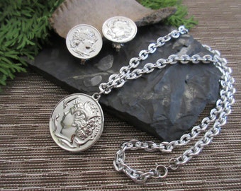 Vintage Sarah Coventry 1969 Romanesque Roman Coin Silver Tone Pendant Necklace Clip Earring Set