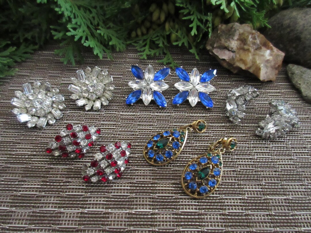 Vintage Assorted Rhinestone Cluster Clip Earring Lot of 5 Pairs - Etsy