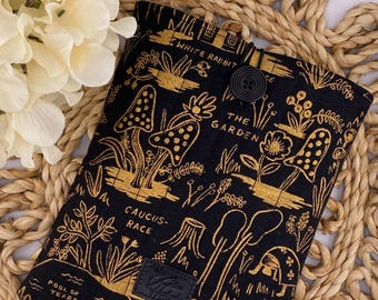 Book Sleeve, Quilted, Rifle Paper Co, Black with Metallic Gold Mushroom Garden Print