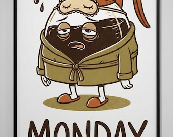 Funny Monday Coffee Print | Retro Cartoon Wall Art | Sleepy Coffee Pot Digital Download