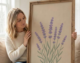 Lavender Botanical Print, Beige Boho Wall Art (Digital Download)