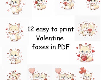 Fox Valentine Cards 12 pcs | Valentines Day Clipart | 12 Pictures Bundle