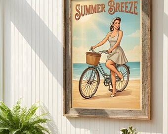 Summer Breeze Vintage Pin Up Poster | Retro Girl Wall Art| Coastal Decor Digital Download