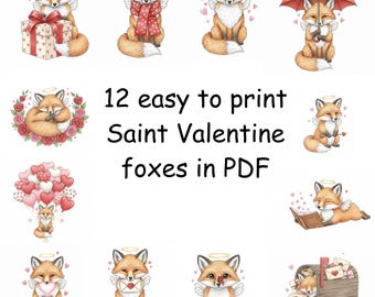 Fox Valentine Cards 12 pcs | Valentines Day Clipart | 12 Pictures Bundle
