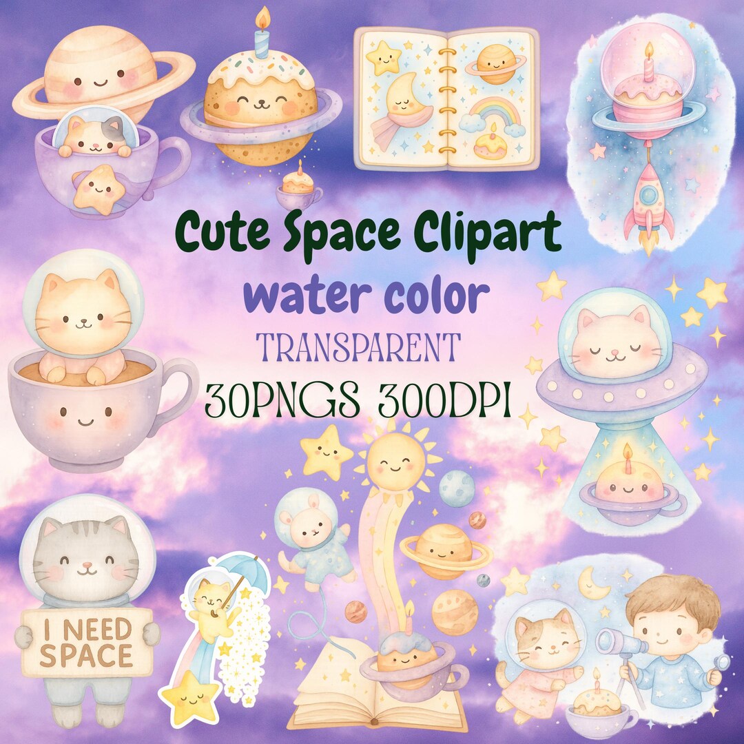 30 PNG Cute Space Clipart Bundle, Watercolor Animals Galaxy Clipart ...