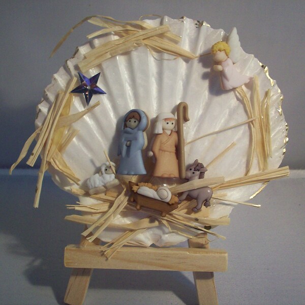 Miniature Nativity Scene on Large Scallop Shell