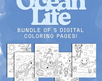 Páginas para colorear del océano / Paquete imprimible de criaturas marinas, vida marina y escenas de playa
