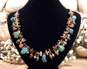 Turquoise Textural Necklace with Golden Stick Coral N101