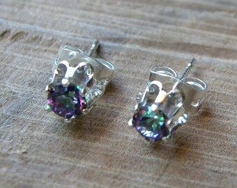 Alexandrite Mystic Topaz Stud Earrings in Sterling Silver Setting, Alexandrite Studs E143